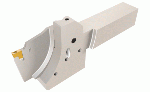 MAHR 25-MG-XL-JHP-MC-Holders with bottom inlets for high-pressure coolant channels carrying parting and grooving adapters. The holders were designed to be clamped in VDI shank tool holders with bottom coolant-fed tools.