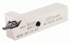 MFHR 12C-10-JHP-Tools for face grooving applications. They carry screw clamped MINCUT MIFR 10  inserts in a long pocket, providing a very rigid clamping. The tools have high pressure coolant holes.
