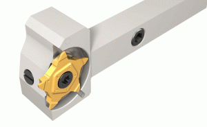 PCHRS 16-24 JHP-QC-Toolholders carrying PENTACUT inserts (with 5 cutting edges) for grooving, parting and recessing next to high shoulders, enables quick and accurate cutting-edge indexing.