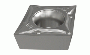 CCET 0602005-WF IC907-80° rhombic inserts with a 7° positive flank and a wiper near the corner. Used for high feed finishing. Three to five times better surface finish compared to standard turning inserts at the same feeds.