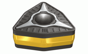 WOMG 100716-T3P-IQ IC8250-Double-sided 6° negative side flank trigon inserts for high feed turning of steel.