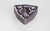 WNMG 080412-TF IC907-Double-sided trigon insert, positive rake angle that varies along the edge to negative in order to prevent chipping. Special design reduces cratering. Used for carbon and alloy steel, stainless steel and high temp. alloys.