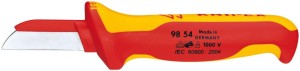 Nóż do kabli VDE 180mm z ostrzem 50mm z grzbietem ostrza pokryty tworzywem sztucz. KNIPEX