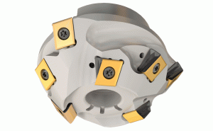 T450 SM-D050-25-3-27-13-Conical extended flute shell mills carrying T490 LNMT/LNHT 13... tangentially clamped inserts with 4 helical, 13 mm long cutting edges.