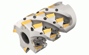 HM390 SM D040-49-4-16-10-Extended flute shell mills carrying HM390 TPKT 1003 triangular inserts with 3 helical cutting edges