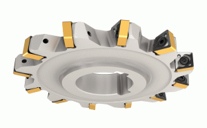 SDN D100-12-32-XN09-Full slot disk type slotting cutters carrying XNMU 0904 square inserts with 4 right- and 4 left-hand cutting edges.
