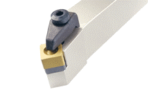 TSSNR 2525M-12CH-45° lead angle tools carrying square ceramic dimpled inserts for longitudinal and face turning.