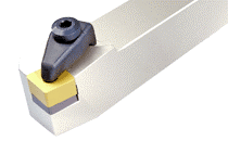 TCBNR 2525M-12CH-75° lead angle toolholders using the 100° corner of CNGX 80° negative rhombic ceramic dimpled inserts.