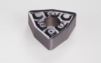 WNMG 080412-TF IC907-Double-sided trigon insert, positive rake angle that varies along the edge to negative in order to prevent chipping. Special design reduces cratering. Used for carbon and alloy steel, stainless steel and high temp. alloys.